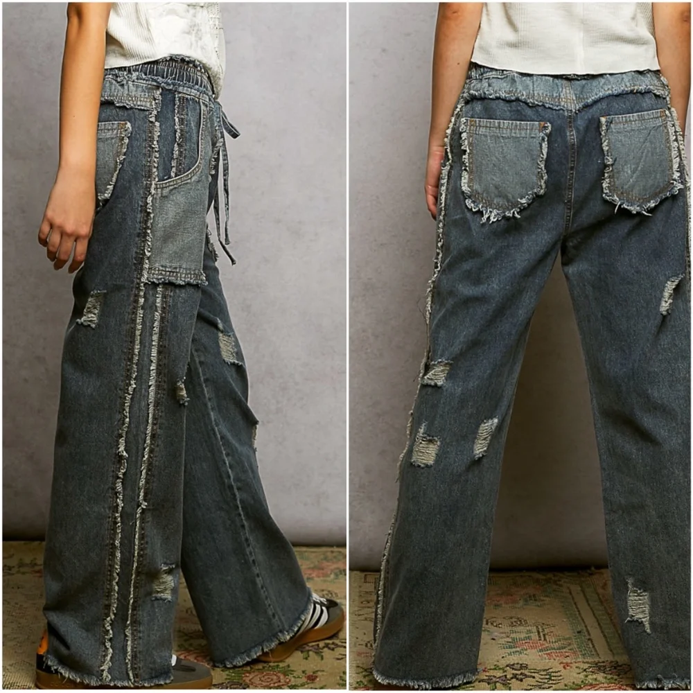 POL Dark Wash Distressed Stretchy Waist Straight leg Denim Jeans
